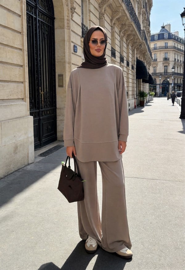 Pike Modal Oversize Pantolonlu Takım - Bej
