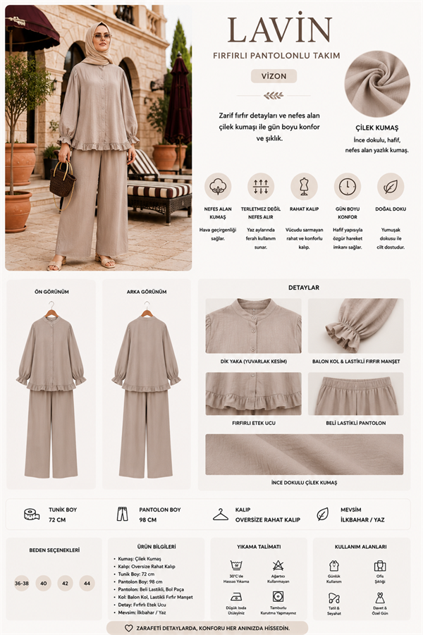 Lavin Çilek Kumaş Fırfırlı Oversize Pantolonlu Takım-Vizon