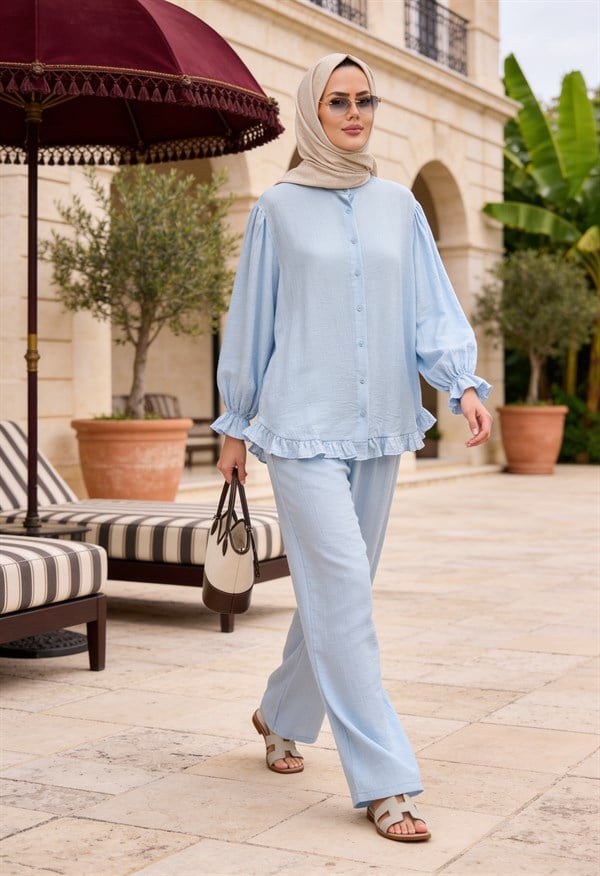 Lavin Çilek Kumaş Fırfırlı Oversize Pantolonlu Takım-Mavi