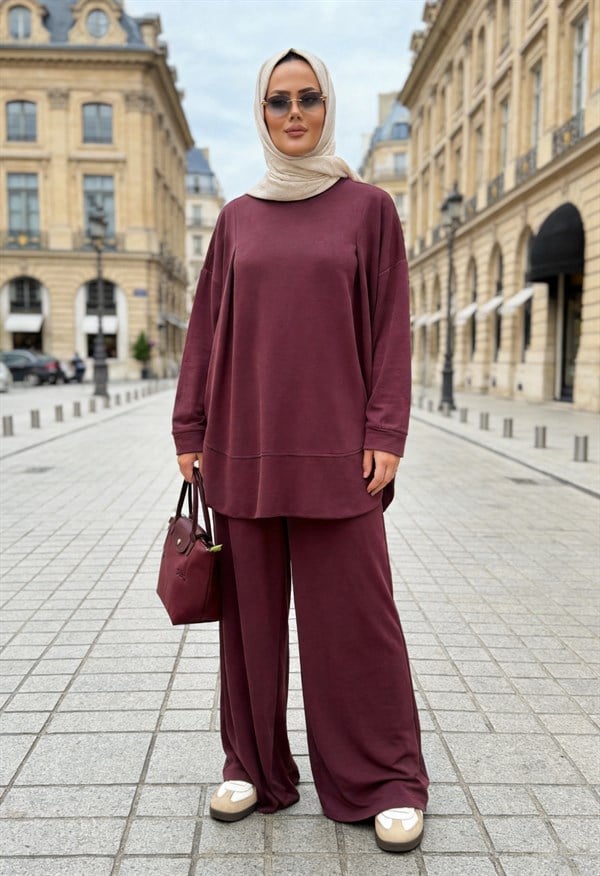 Pike Modal Oversize Pantolonlu Takım - Mürdüm