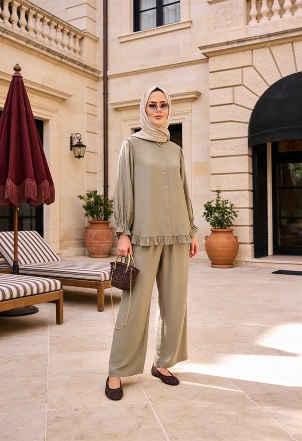Lavin Çilek Kumaş Fırfırlı Oversize Pantolonlu Takım-Haki