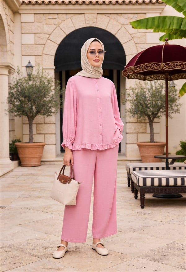 Lavin Çilek Kumaş Fırfırlı Oversize Pantolonlu Takım-Pembe