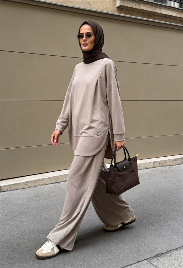 Pike Modal Oversize Pantolonlu Takım - Bej