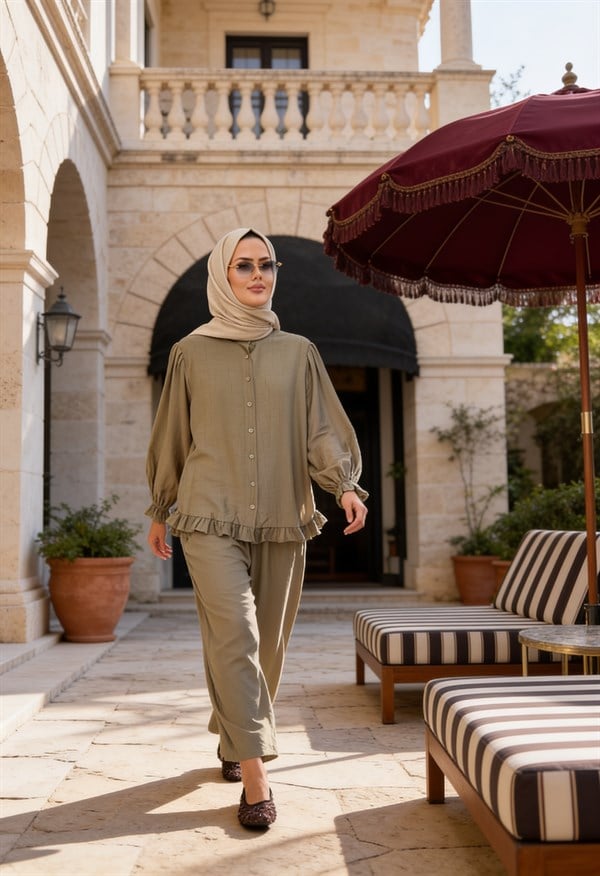 Lavin Çilek Kumaş Fırfırlı Oversize Pantolonlu Takım-Haki