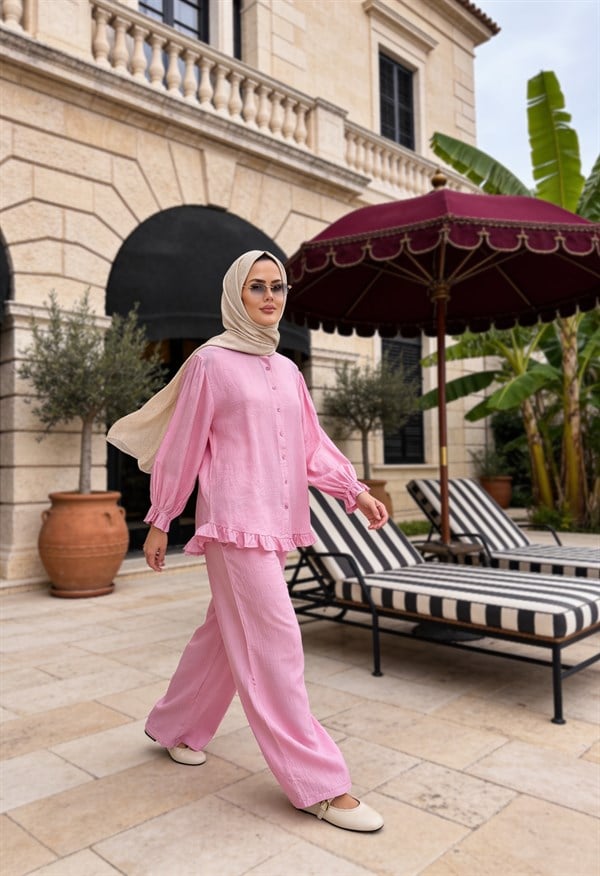 Lavin Çilek Kumaş Fırfırlı Oversize Pantolonlu Takım-Pembe
