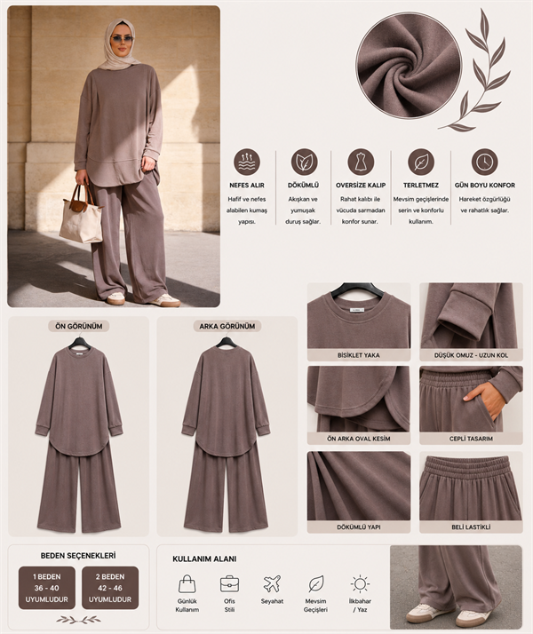 Pike Modal Oversize Pantolonlu Takım - Vizon