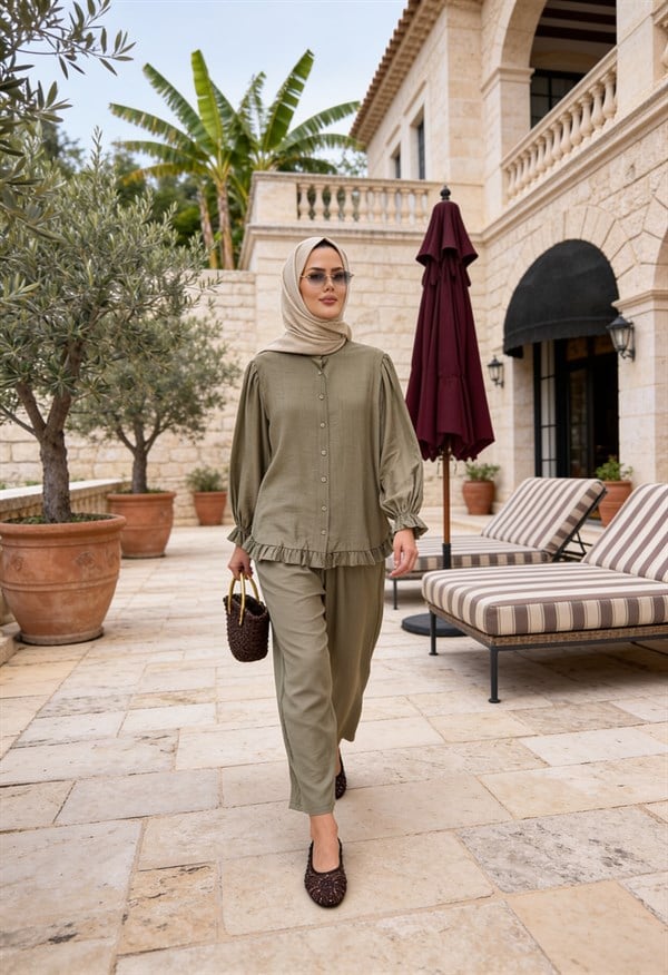 Lavin Çilek Kumaş Fırfırlı Oversize Pantolonlu Takım-Haki