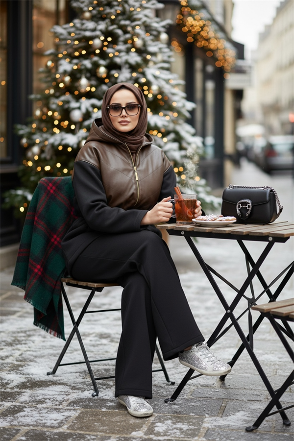 Milano Leather Set – Deri Detaylı Üç İplik Şardonlu Tesettür Takım Siyah