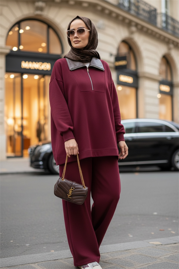 Oslo Comfort Set – Selanik Kumaş İkili Tesettür Takım Bordo