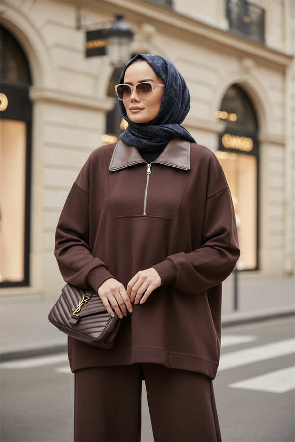 Oslo Comfort Set – Selanik Kumaş İkili Tesettür Takım Acıkahve