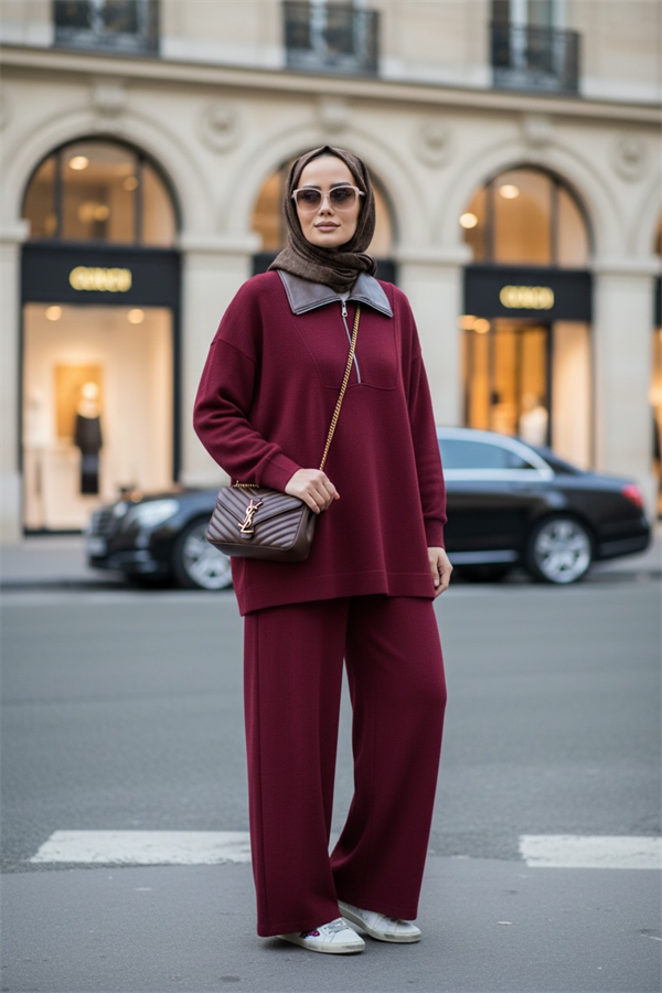 Oslo Comfort Set – Selanik Kumaş İkili Tesettür Takım Bordo