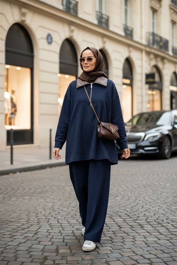 Oslo Comfort Set – Selanik Kumaş İkili Tesettür Takım Lacivert