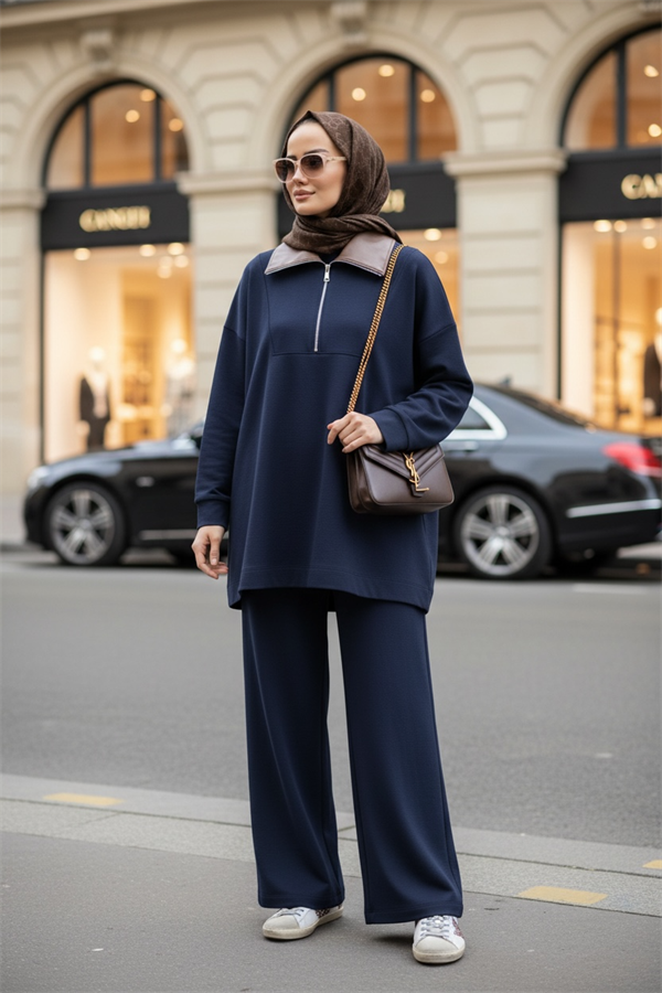 Oslo Comfort Set – Selanik Kumaş İkili Tesettür Takım Lacivert