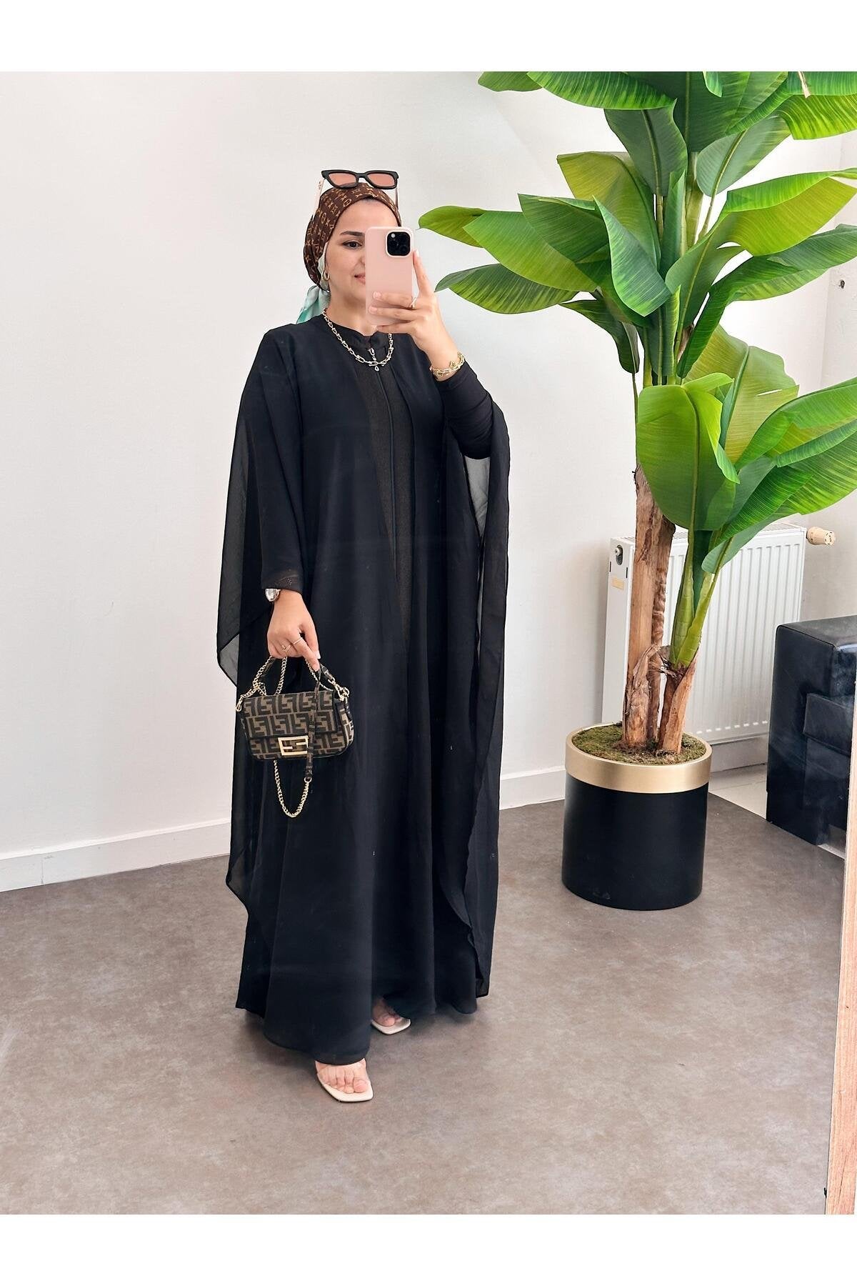 Abaya Fermuarlı Ferace Şifon - Tül