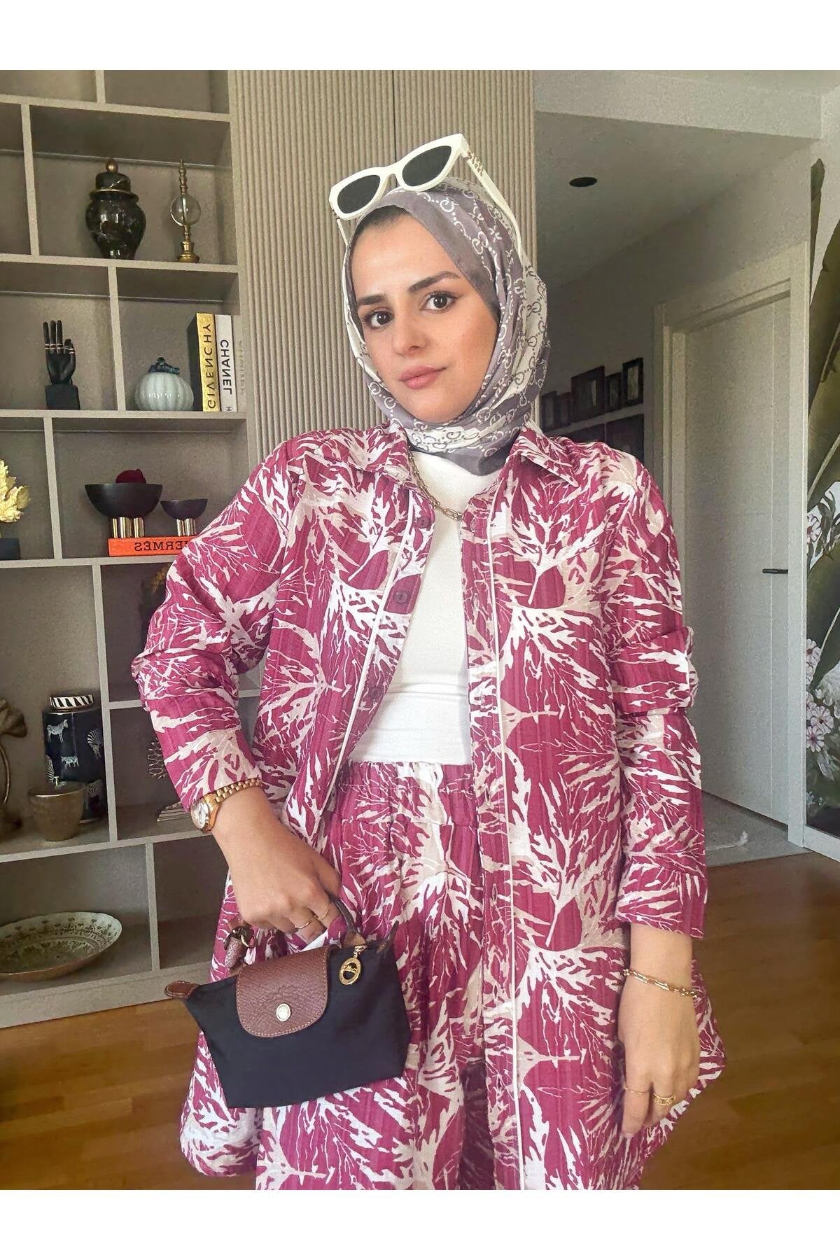 Pamuk Keten Desenli Biyeli Gömlek Takım Pembe