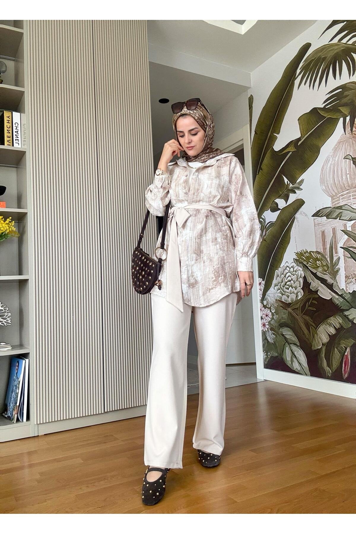 Bella Pamuklu Gömlek Desenli Krep Pantolon Takım Bej