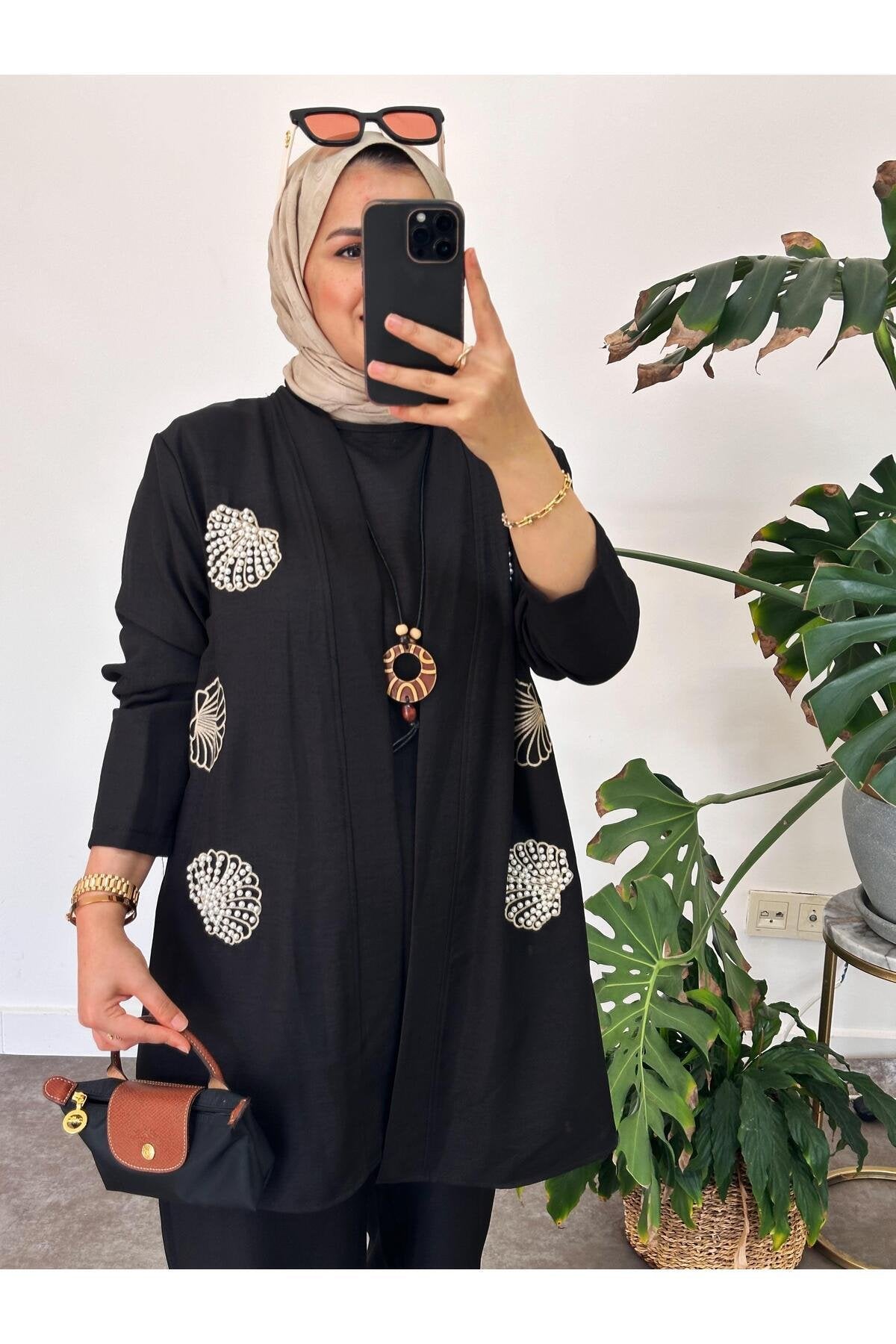 3Lü Pamuk Keten Kolyeli İncili Takım Kahve