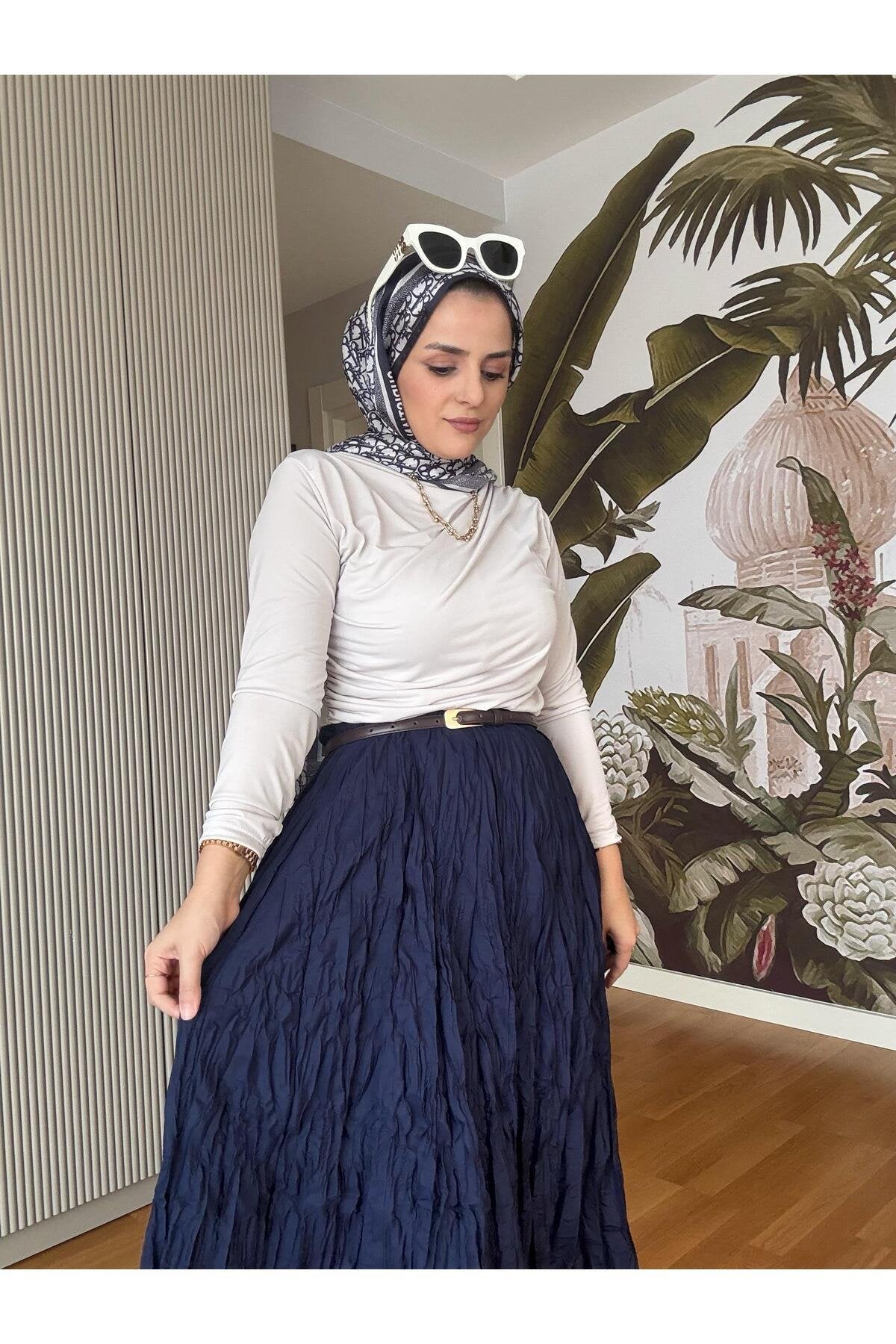 Kırışık Kumaşlı Etekli Takım Lacivert