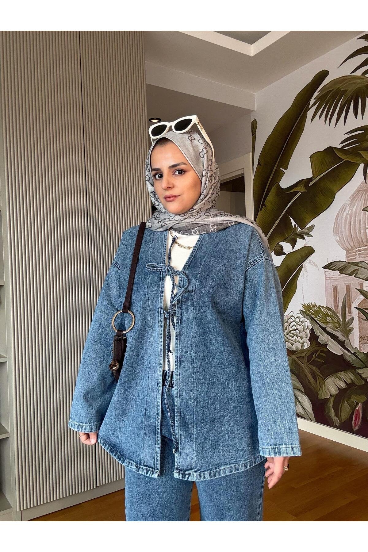 Kurdela ipli Denim Ceket Takım Açık Mavi