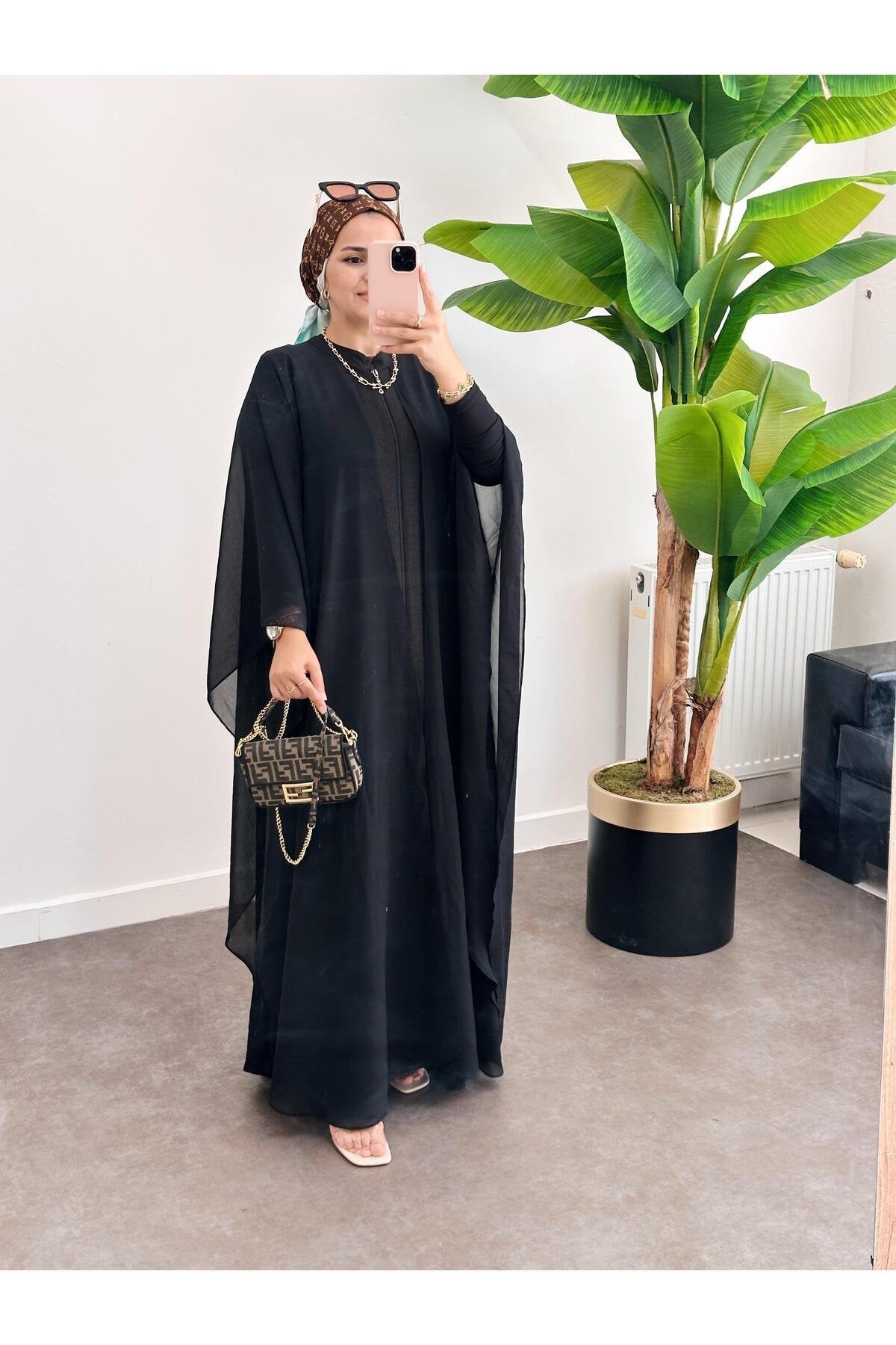 Abaya Fermuarlı Ferace Şifon - Tül