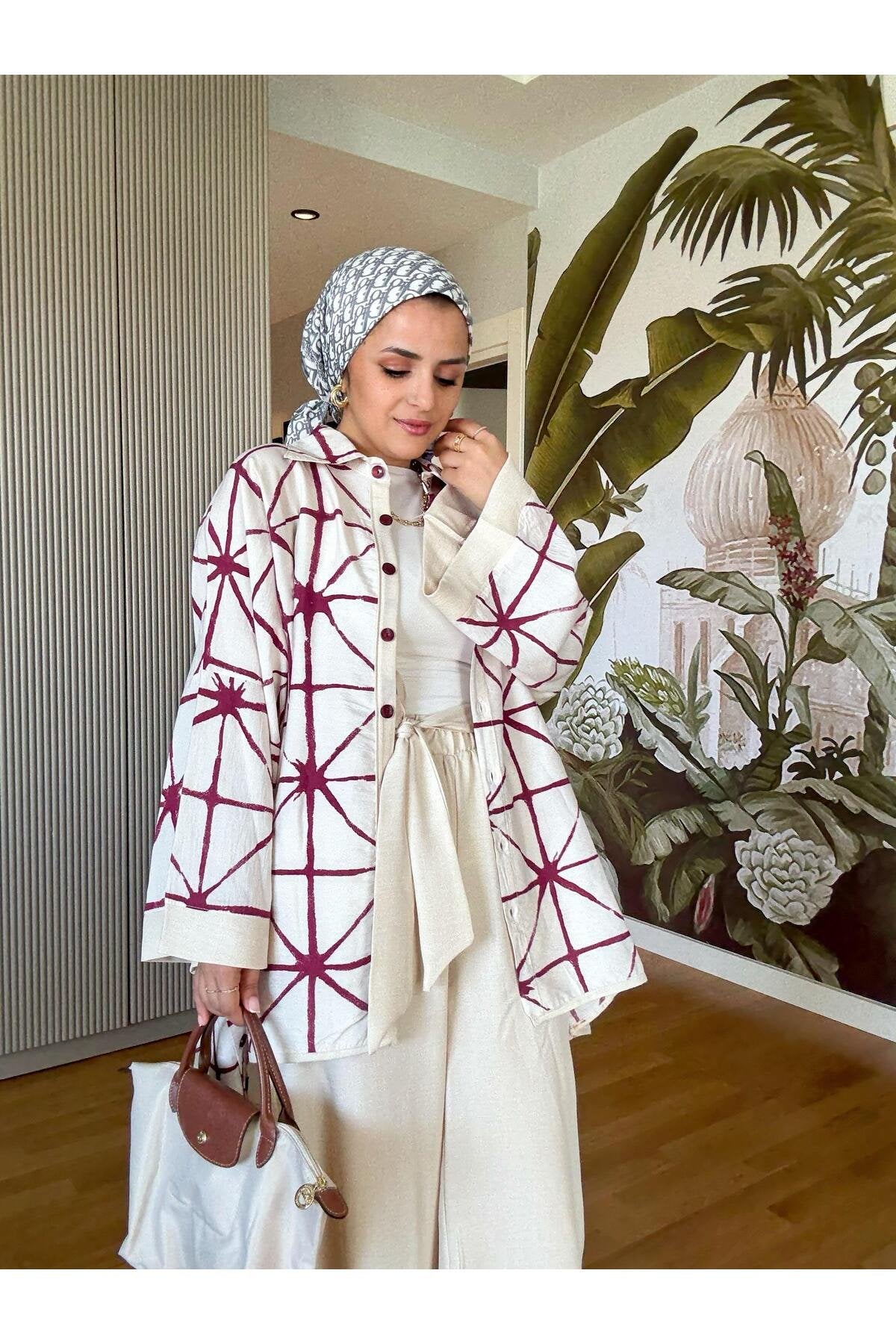 Çizgili Pamuk Keten Kimono Takım | Yazlık Rahat Tesettür İkili Takım Siyah