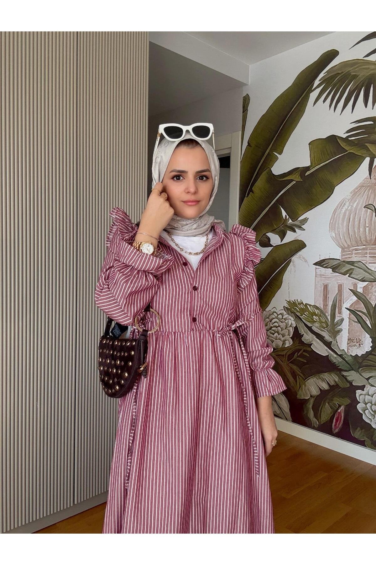 Çizgili Gömlek Elbise Robalı Düğmeli Bordo