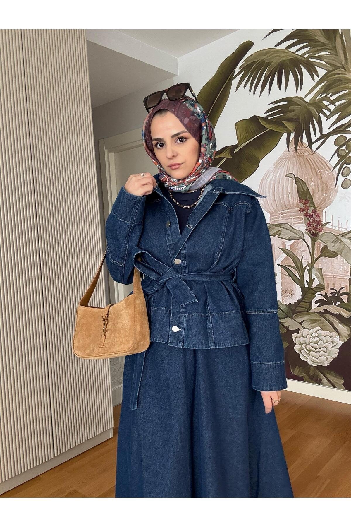 Denim Kuşaklı Çan Etek Takım Lacivert