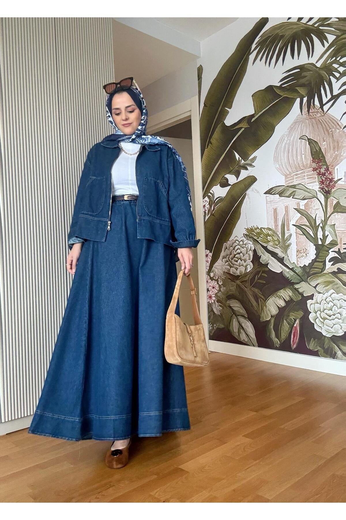 Denim Fermuarlı Çan Etek Takım Lacivert