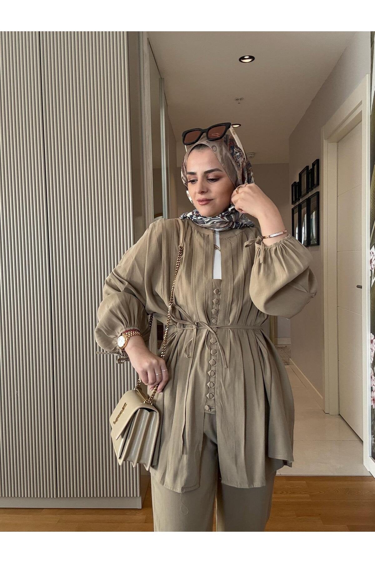 Roza Düğmeli İthal Dokuma Kumaş Gömlekli İkili Takım Bordo