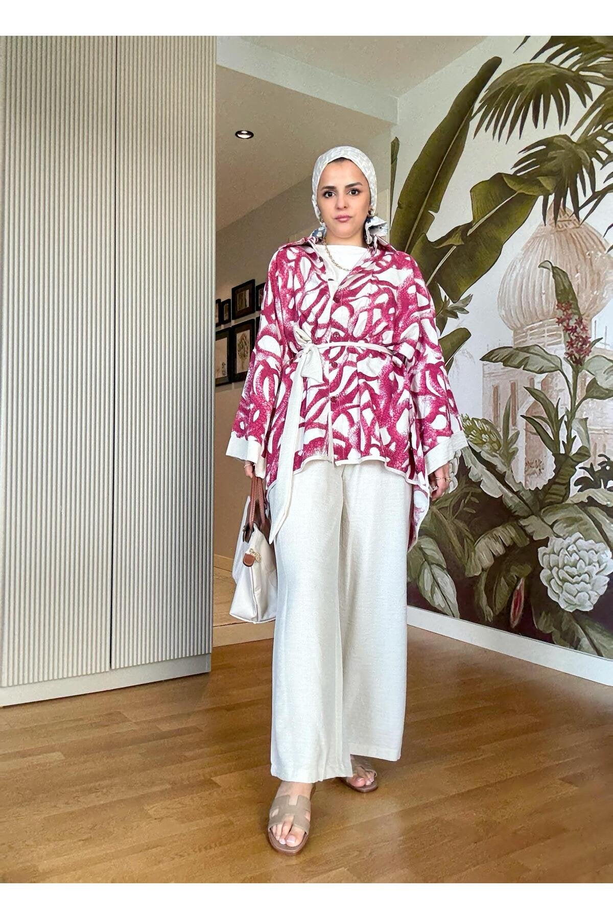 Yılan Desenli Pamuk Keten Kimono Takım | Yazlık Rahat Tesettür İkili Takım Siyah