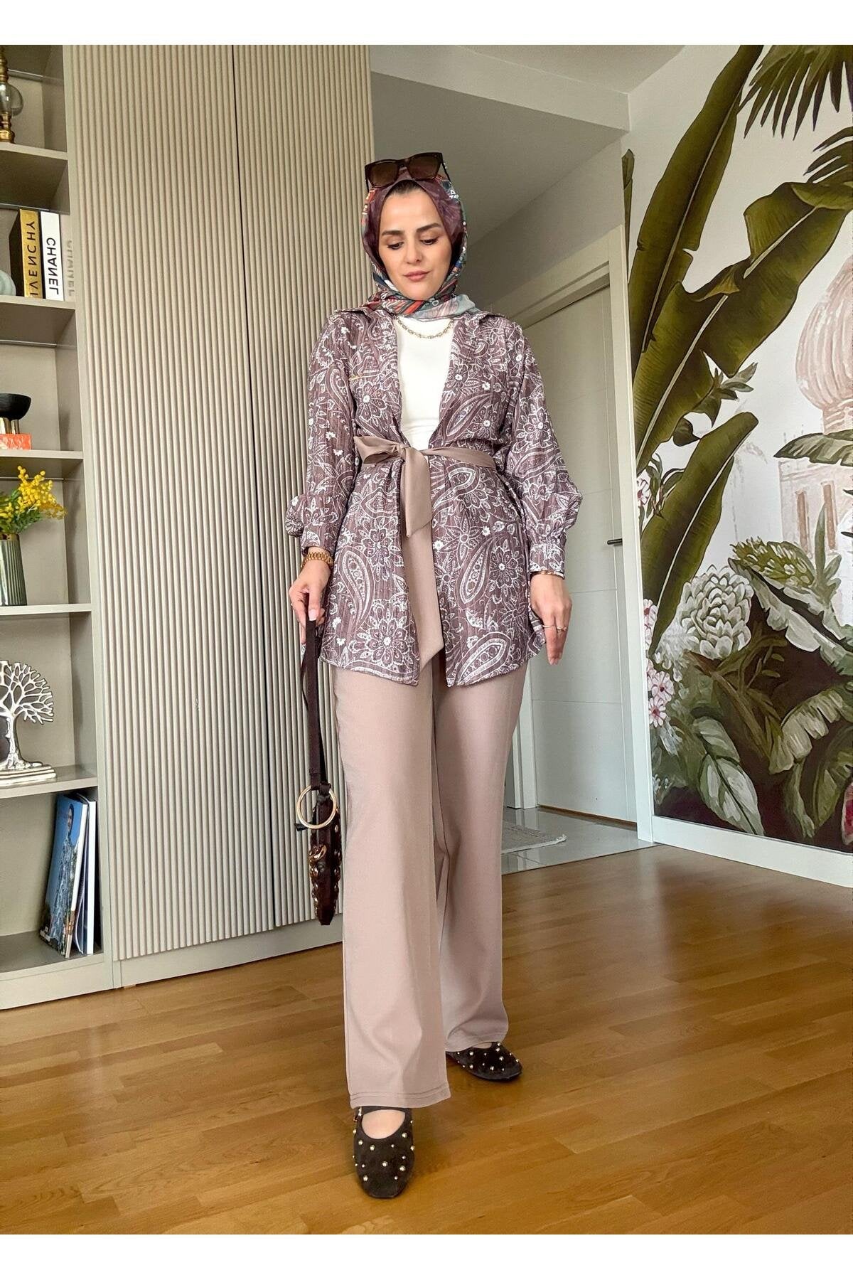 Bahar Pamuklu Gömlek Desenli Krep Pantolon Takım Vizon