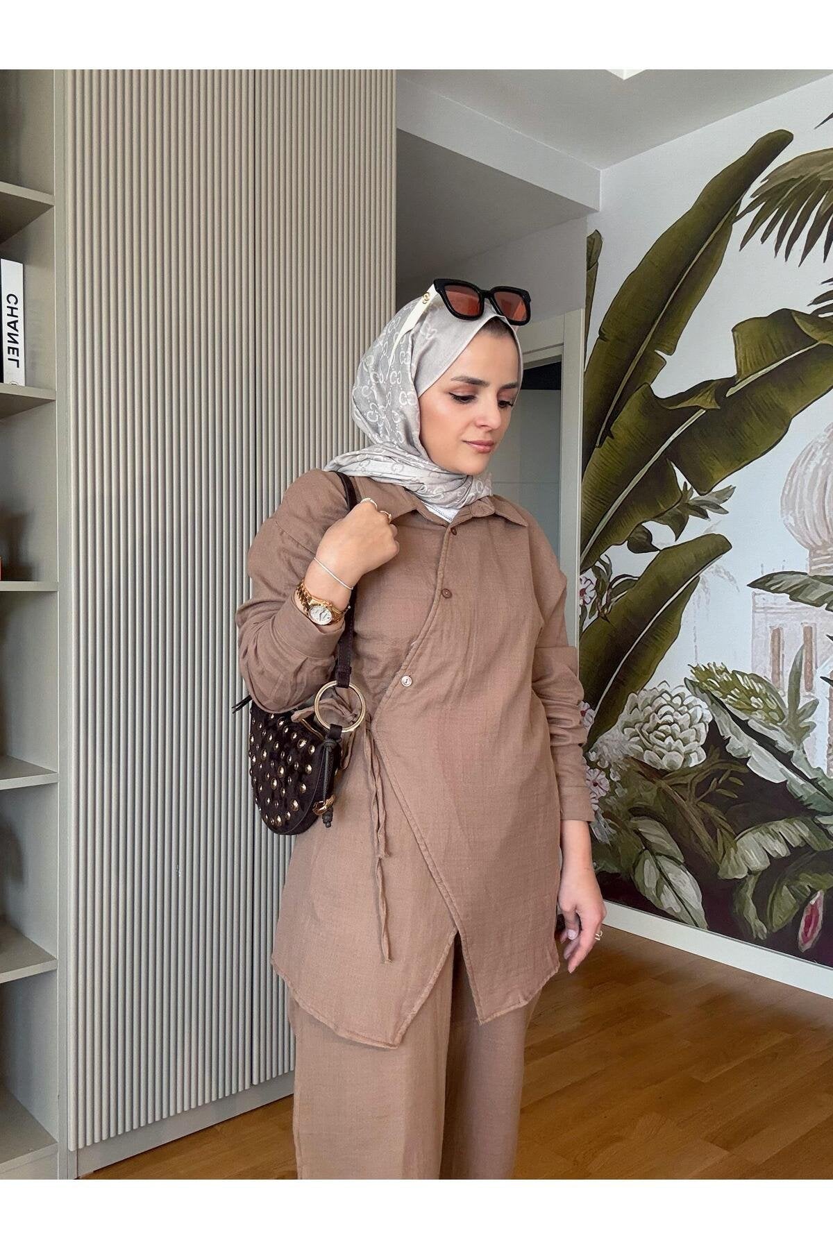 Kimona Müslin Pamuklu Gömlek Takım Siyah