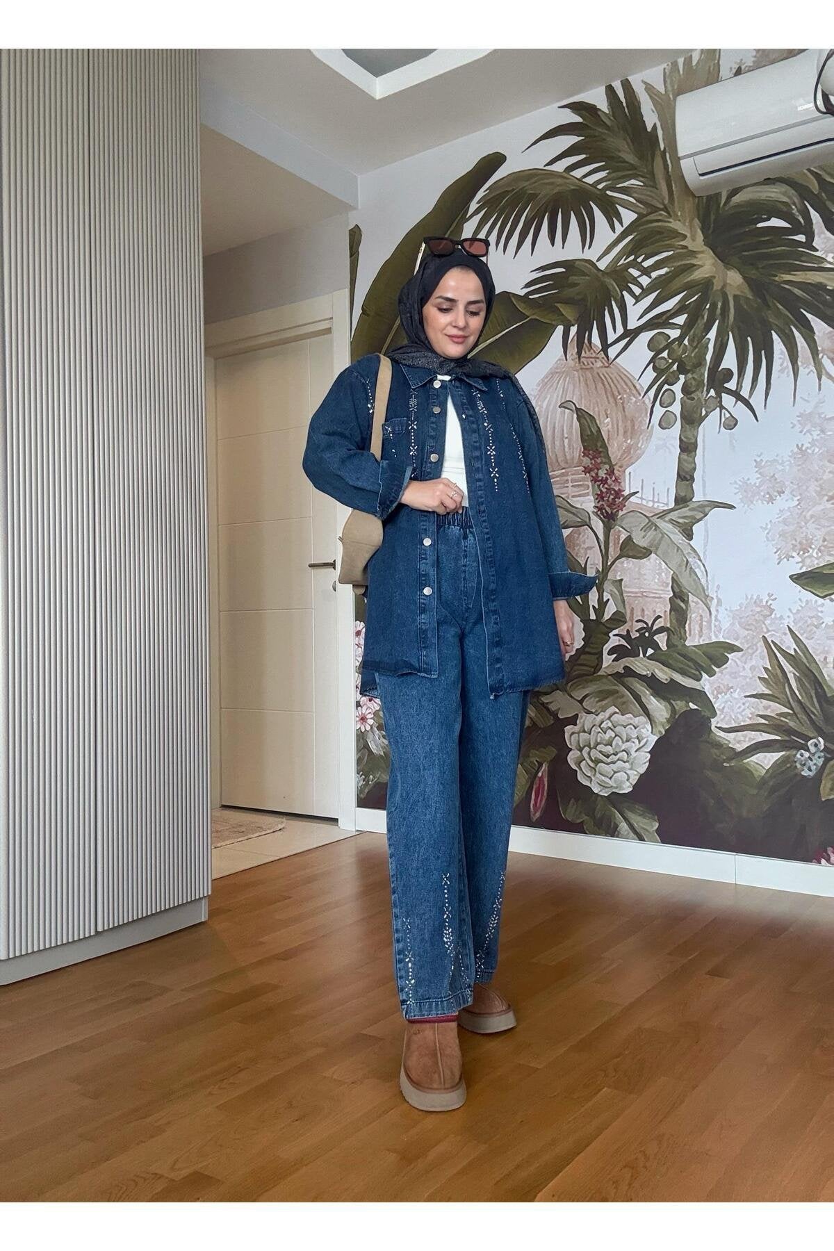 Üçgen Şerit Taş Detaylı Denim Gömlek İkili Takım Açık Mavi