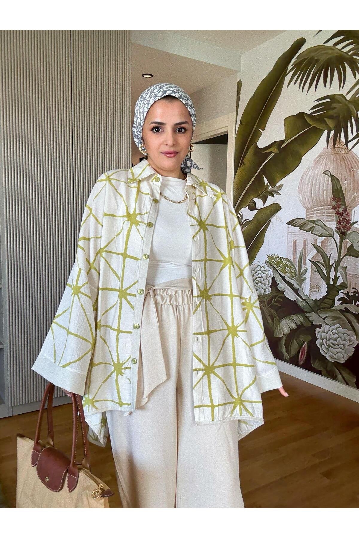 Çizgili Pamuk Keten Kimono Takım | Yazlık Rahat Tesettür İkili Takım Siyah