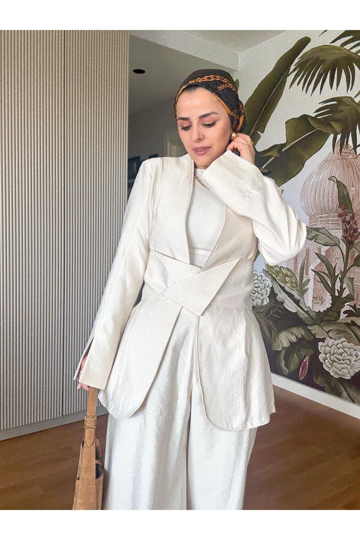 Moila İthal Dokuma Kumaş Ceket +Palazzo Pantolon Takım Bordo