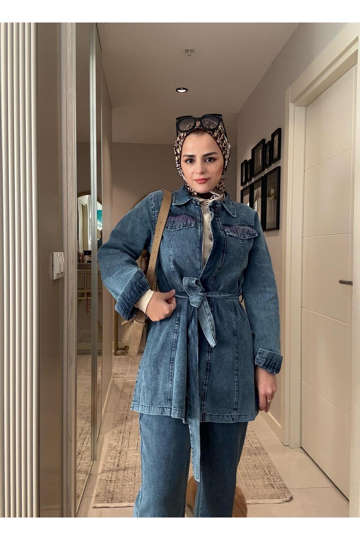 Kemerli Taş Detaylı Denim Gömlek İkili Takım Koyu Mavi