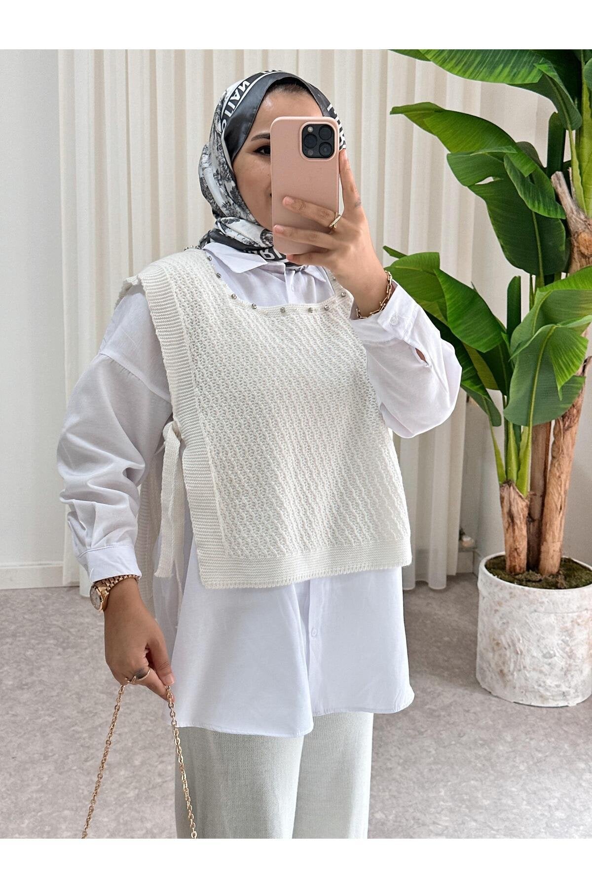 Yelekli Triko 3lü Gömlek Takım Beyaz