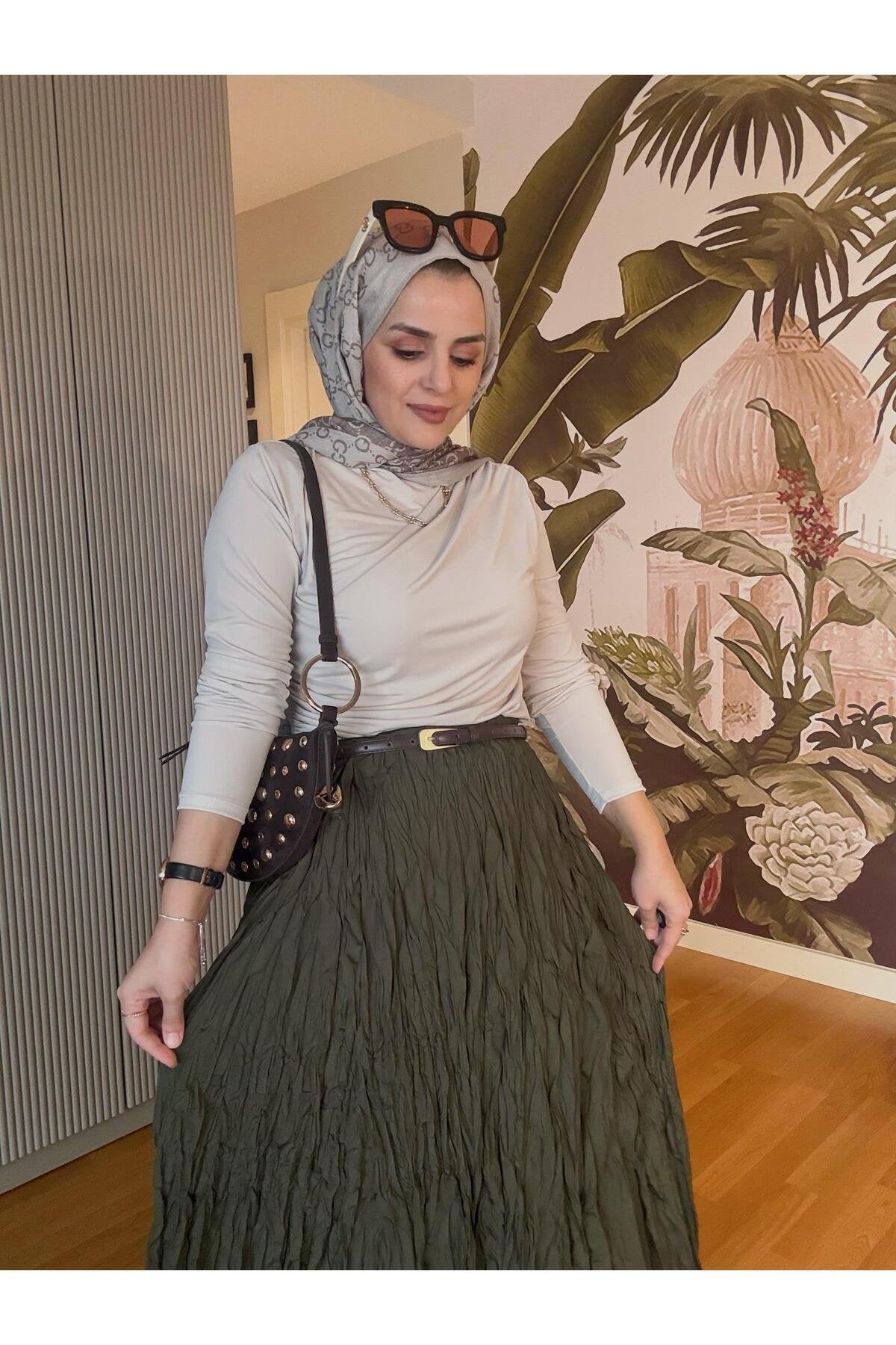 Kırışık Kumaşlı Etekli Takım Lacivert