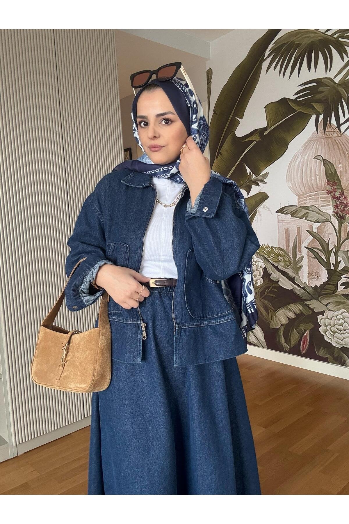 Denim Fermuarlı Çan Etek Takım Lacivert