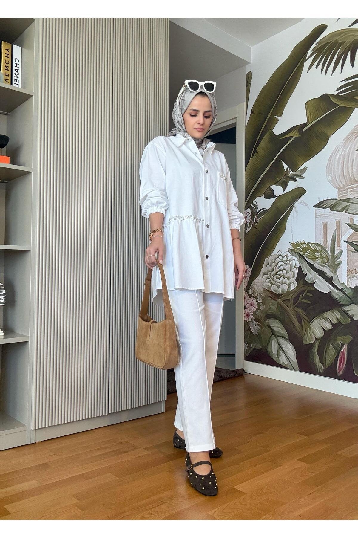 İncili Taşlı Denim Gömlek Ceket Takım Beyaz