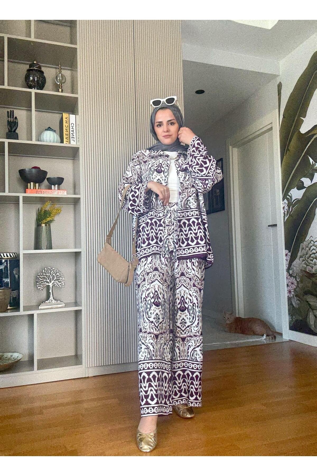 Pamuk Viskon Etnik Desenli Kimona Gömlek Takım Siyah