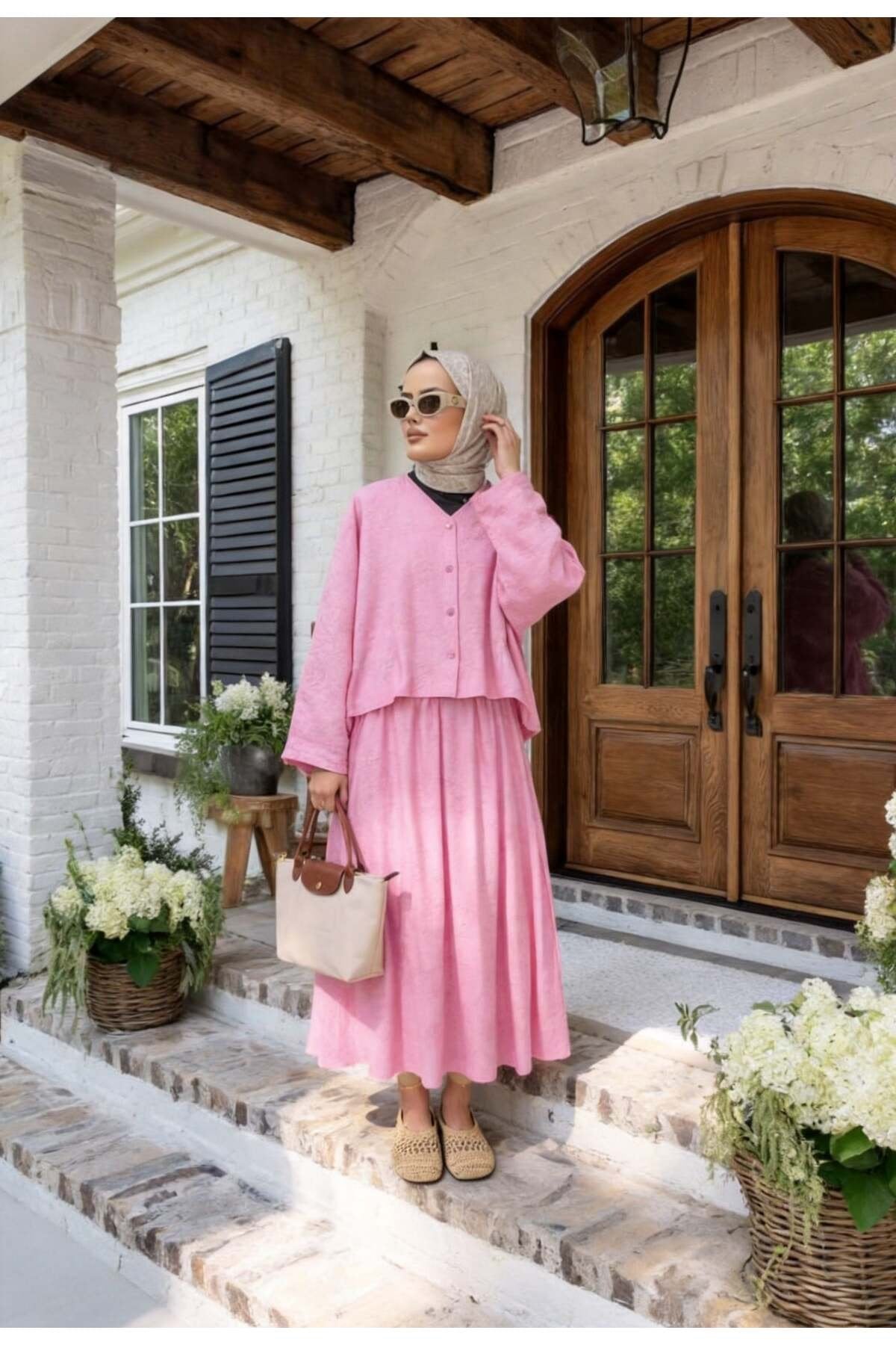 Luna Astarlı Yazlık Etekli Takım –Pembe