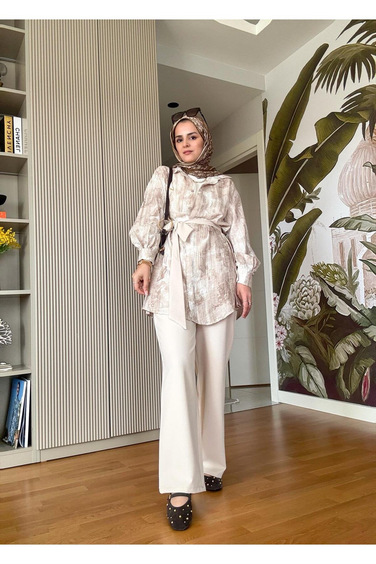 Bella Pamuklu Gömlek Desenli Krep Pantolon Takım Bej