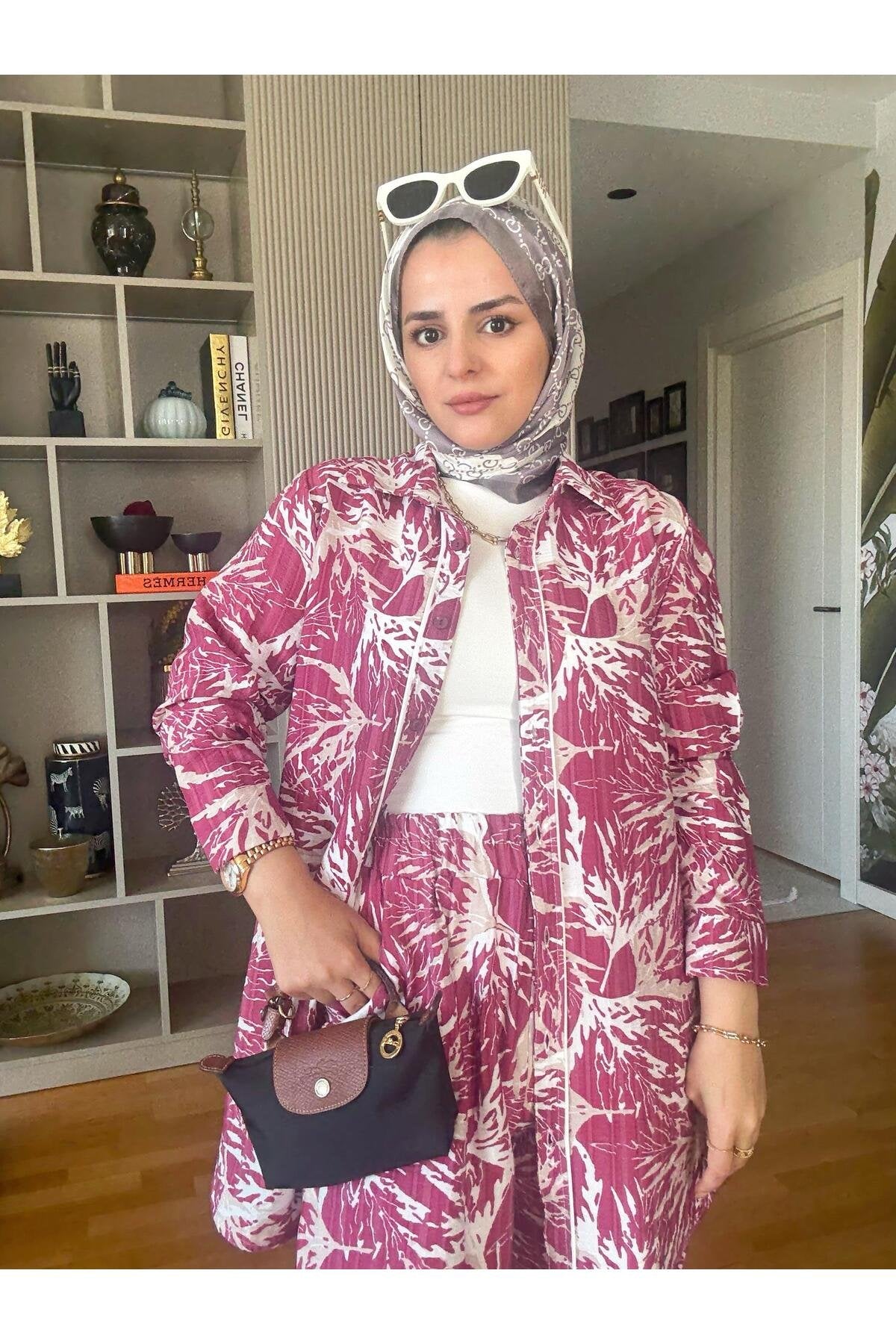 Pamuk Keten Desenli Biyeli Gömlek Takım Pembe