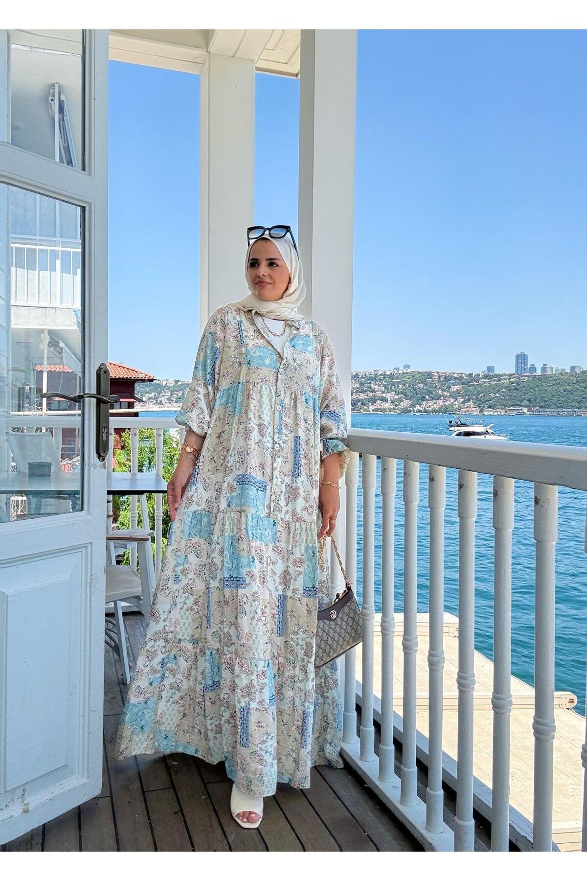 Etnik Desenli Robalı Yazlık Elbise | Düğmeli ve Rahat Kesim Bej-mavi