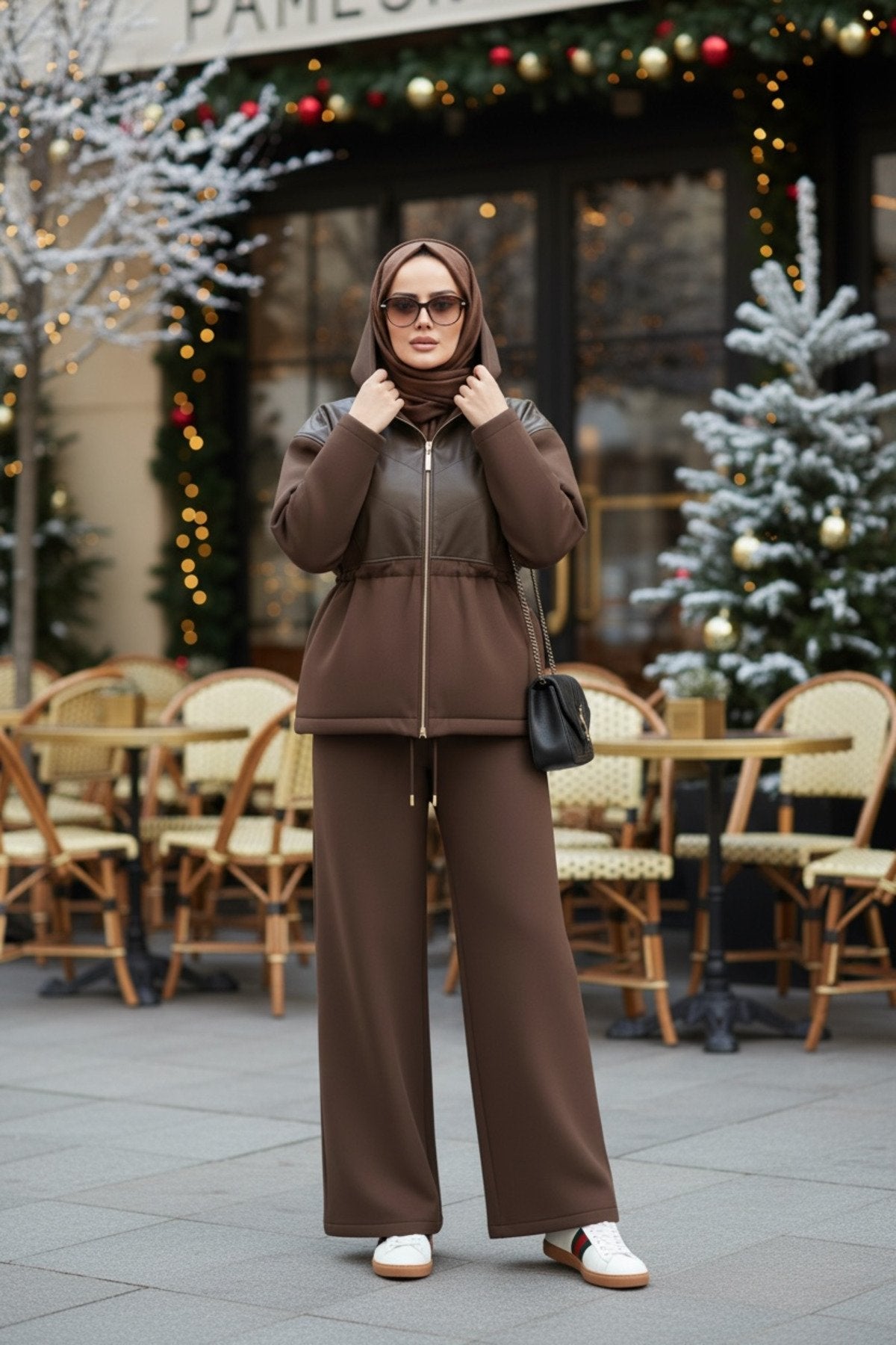 Milano Leather Set – Deri Detaylı Üç İplik Şardonlu Tesettür Takım Hakiyeşil