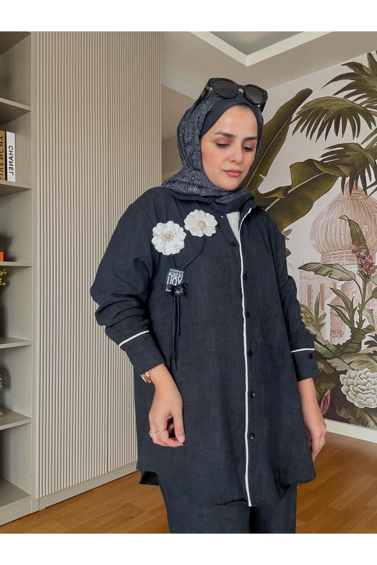 Biyeli Çiçekli Pamuk Keten Gömlek Takım Siyah