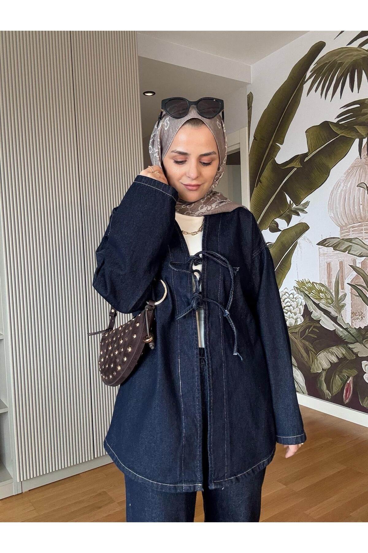 Kurdela ipli Denim Ceket Takım Koyu Mavi