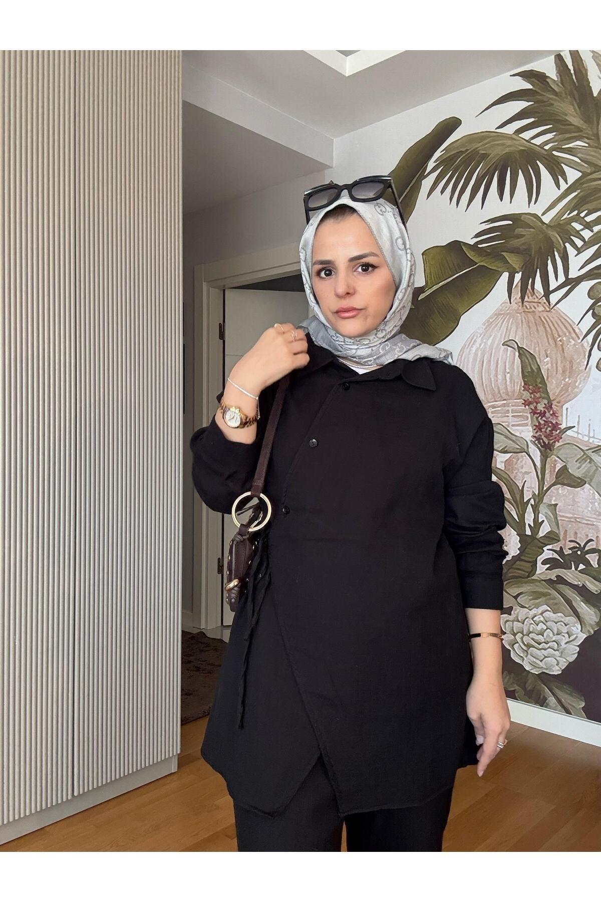 Kimona Müslin Pamuklu Gömlek Takım Siyah