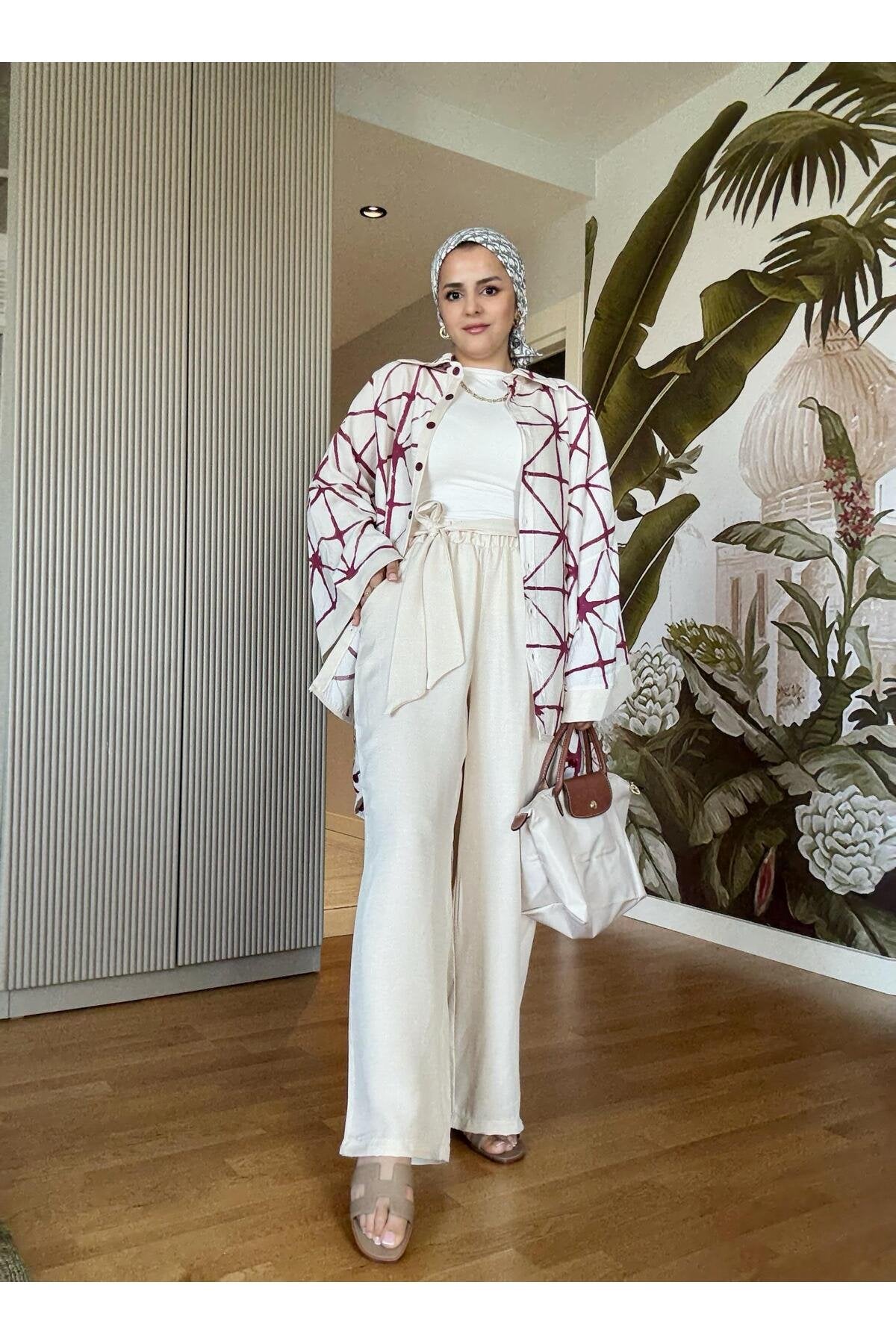 Çizgili Pamuk Keten Kimono Takım | Yazlık Rahat Tesettür İkili Takım Siyah